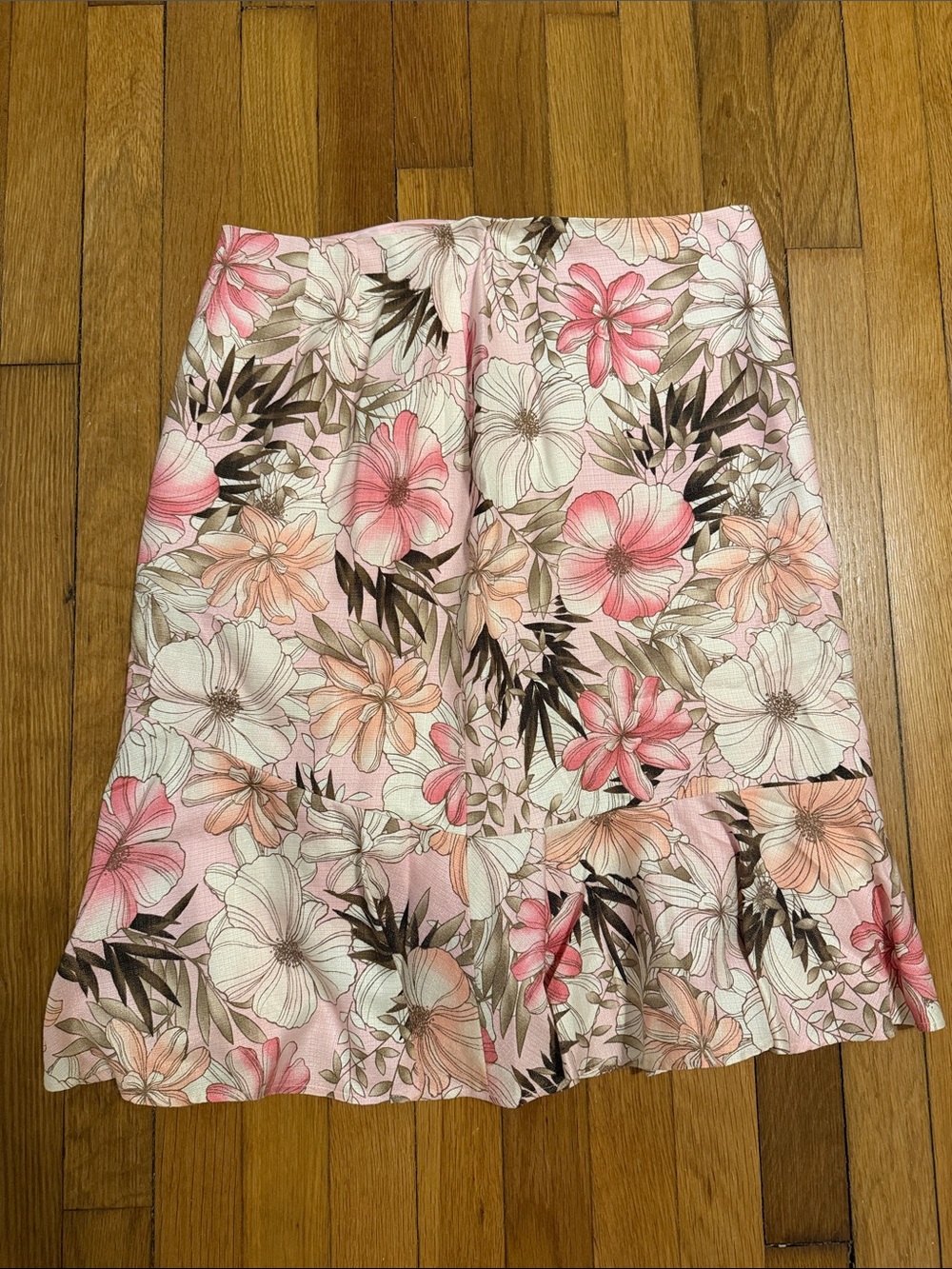 Ann Taylor Pink Floral A-Line Skirt with Ruffle Hem